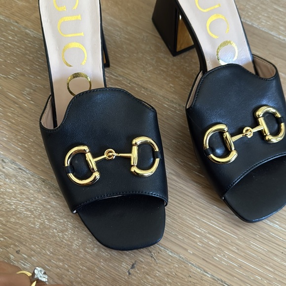 Gucci Black Leather Mules with Gold Accents - Picture 3 of 5